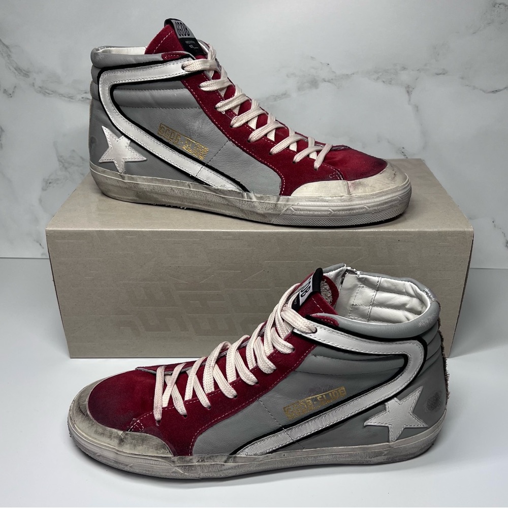 Golden Goose Slide Penstar Classic Grey Dark Red White Silver Leather Sneakers